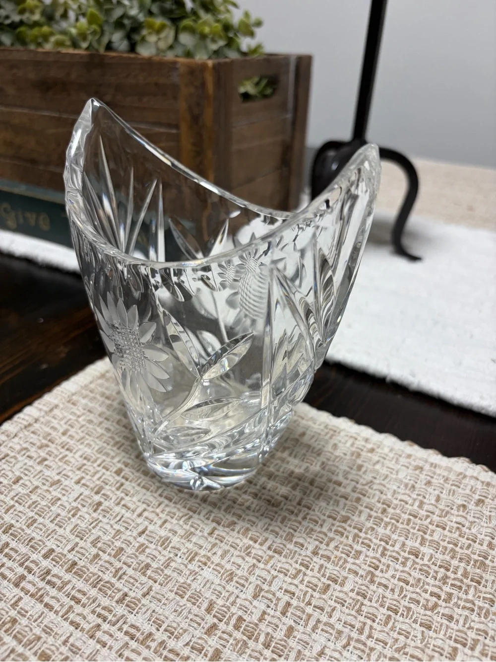Vintage West German Margaret hand cut lead Crystal Boat base. Sunflower design.